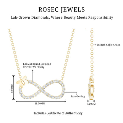 Lab Pave Set Diamond Sideways Infinity Butterfly Necklace