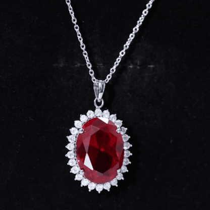 Sterling Silver 14 carat Lab Grown Ruby Oval Necklace with Halo
