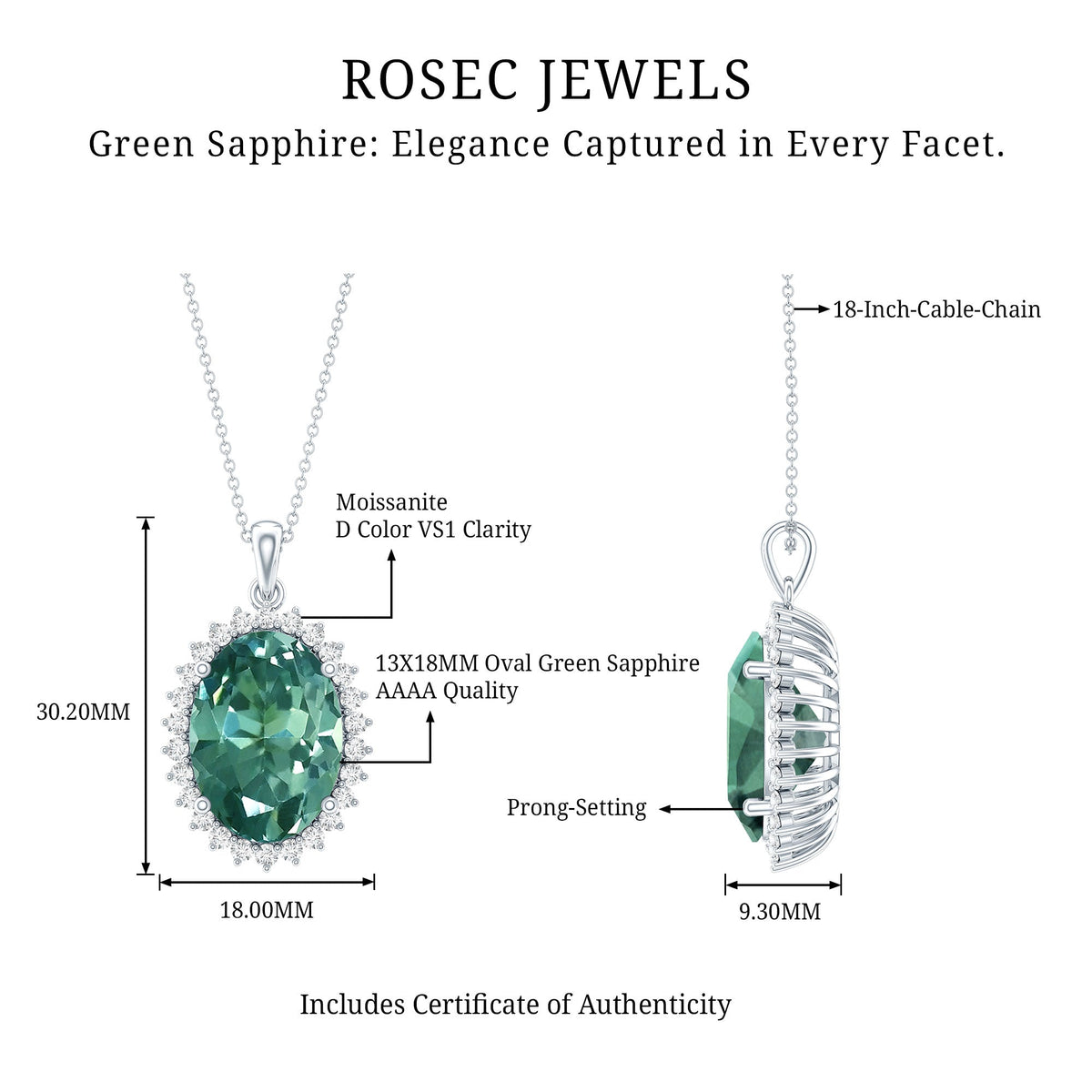 14 Carat Lab Grown Green Sapphire Statement Necklace with Silver Chain