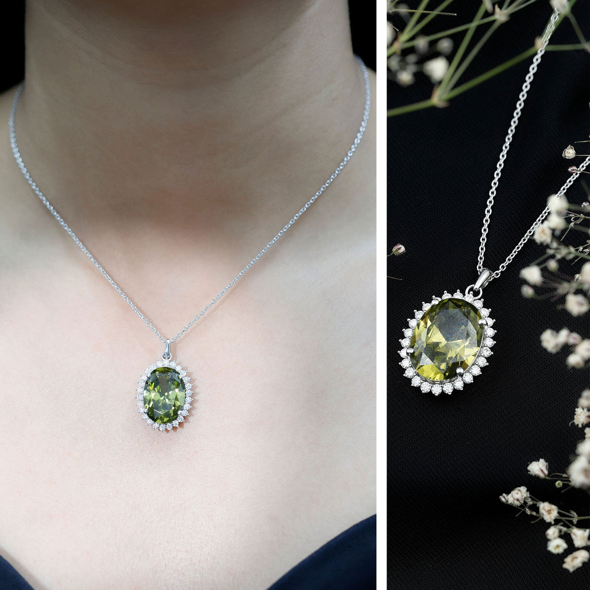 14 Carat Lab Grown Green Sapphire Statement Necklace with Silver Chain