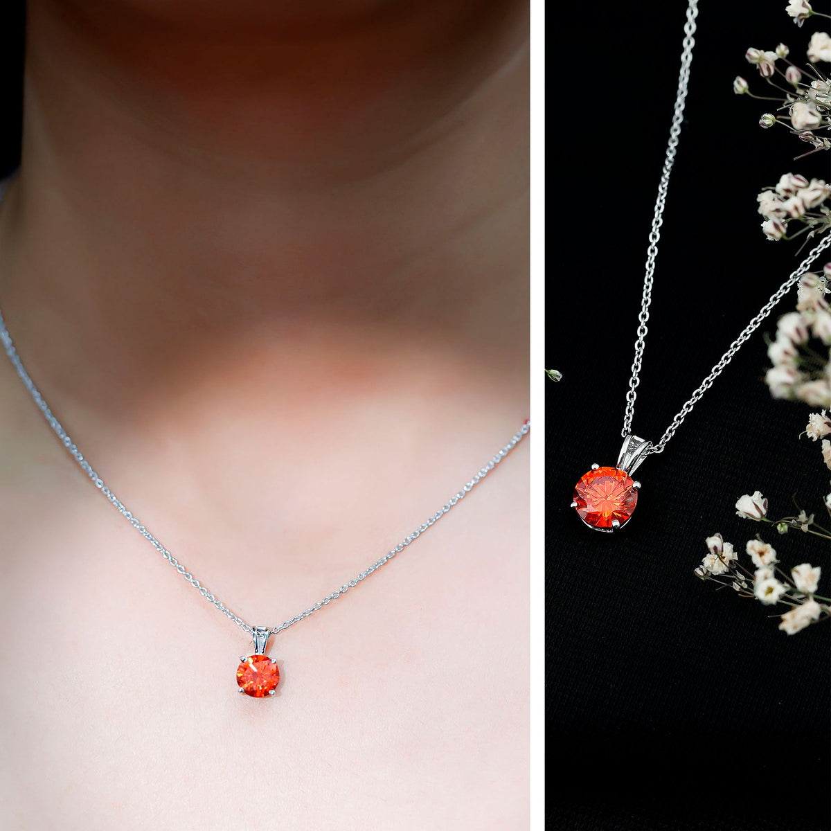 Lab Grown Orange Sapphire 2.25 Carat Necklace With Silver Chain