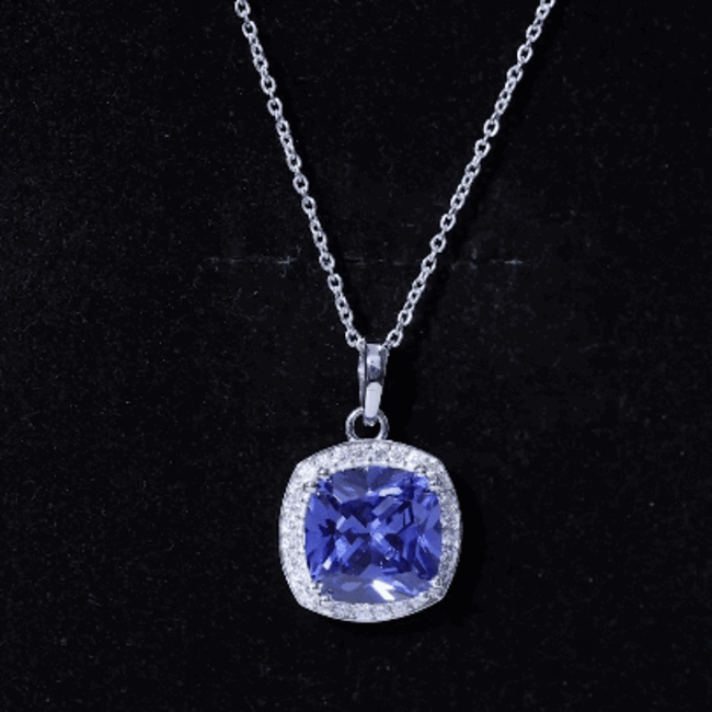 Certified 9 Carat Cushion Lab Grown Blue Sapphire Halo Necklace