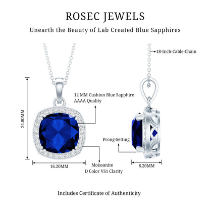 9 Carat Cushion Cut Lab Created Blue Sapphire Cocktail Necklace