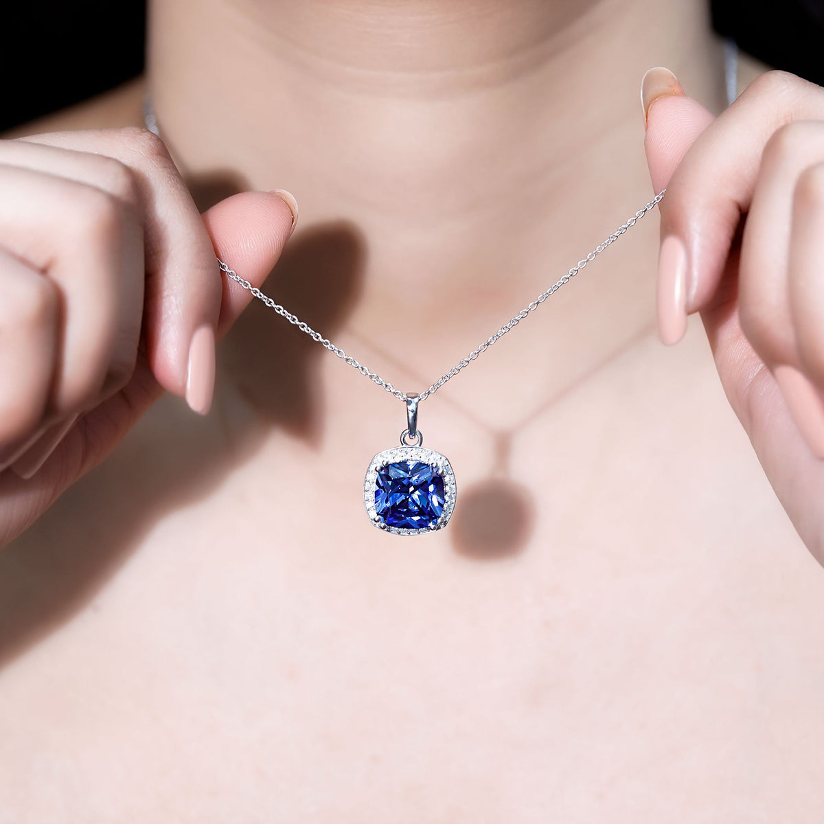 9 Carat Cushion Cut Lab Created Blue Sapphire Cocktail Necklace