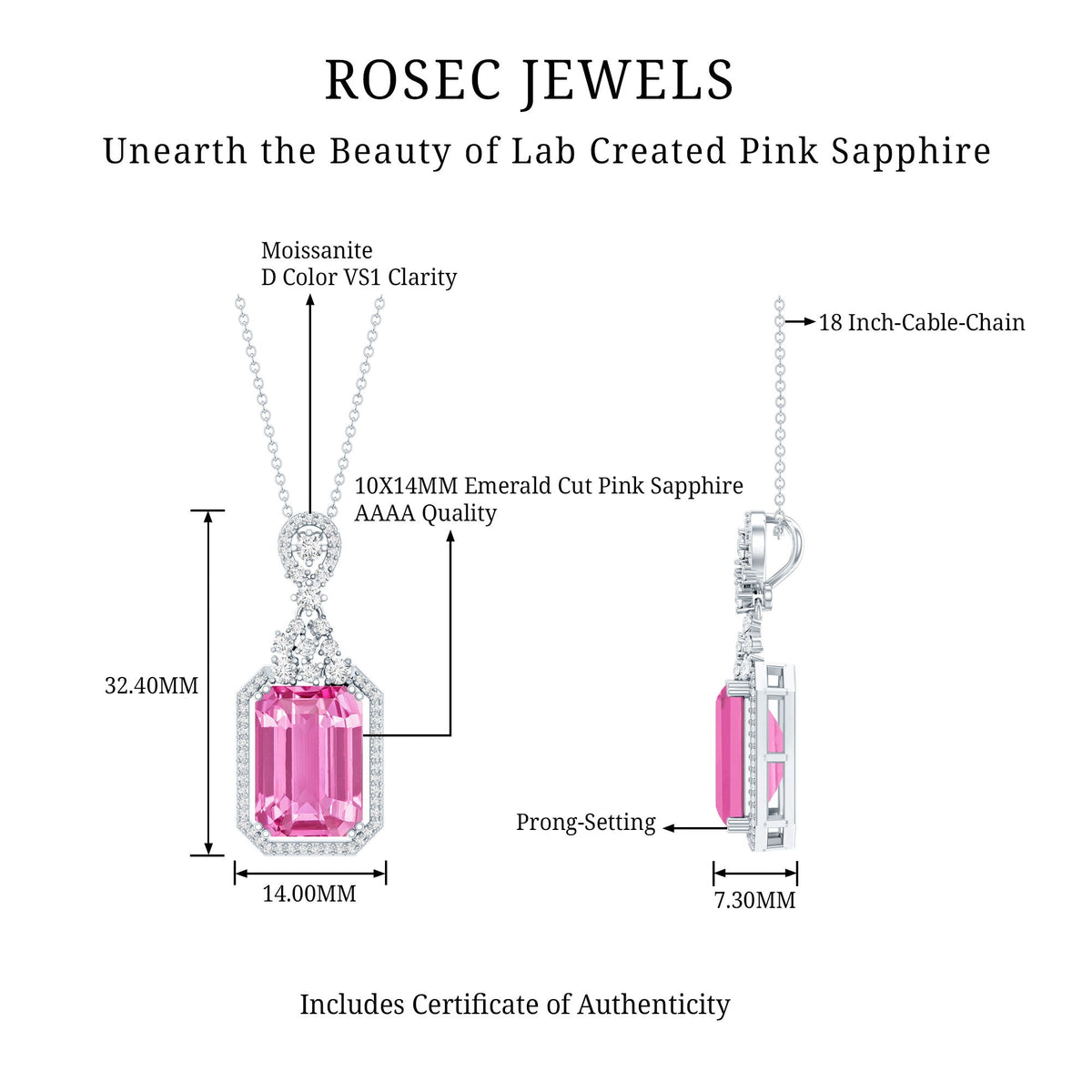 9 Carat Lab Grown Pink Sapphire Art Deco Necklace With Silver Chain