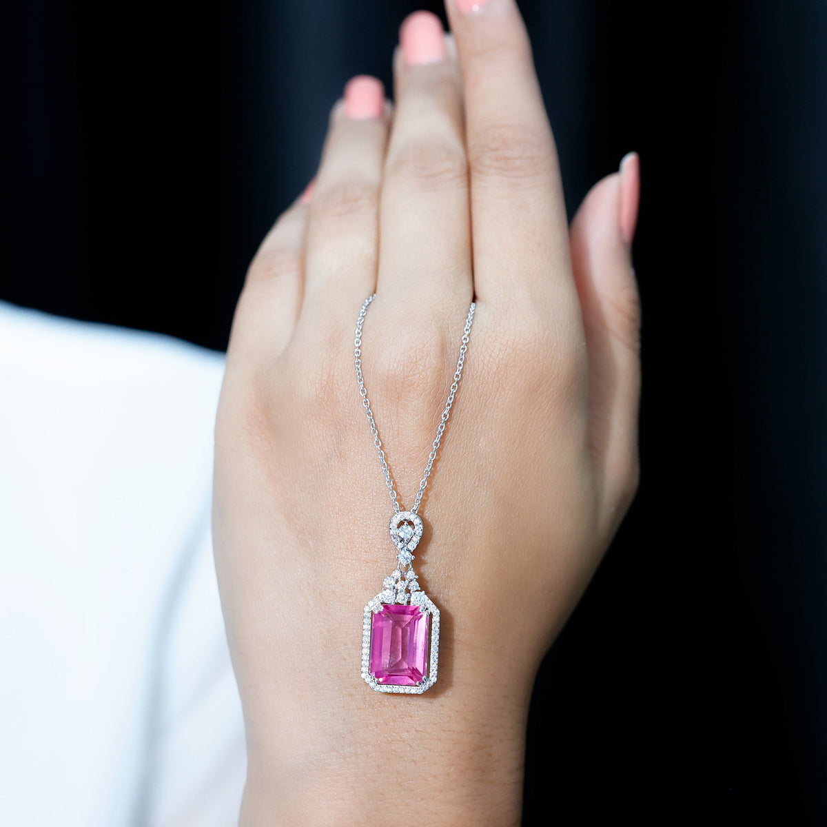9 Carat Lab Grown Pink Sapphire Art Deco Necklace With Silver Chain
