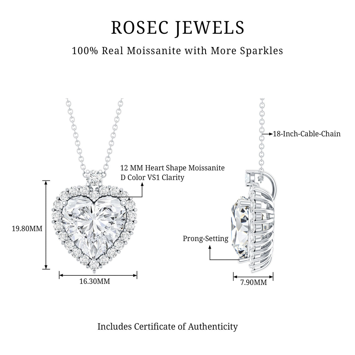 Certified 5.5 Carat Moissanite Heart Necklace with Silver Chain