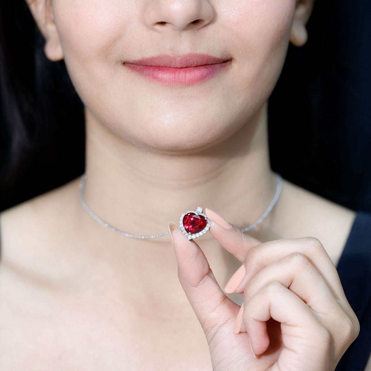 Certified Lab Grown Ruby Heart Necklace with Moissanite Halo