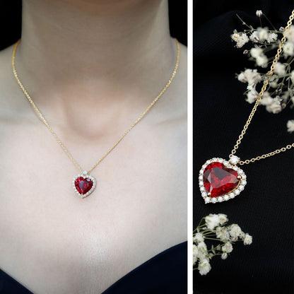 Certified Lab Grown Ruby Heart Necklace with Moissanite Halo