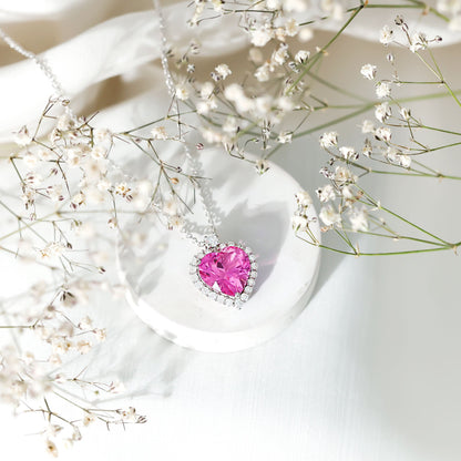 5.5 Carat Lab Grown Pink Sapphire Heart Necklace with Halo