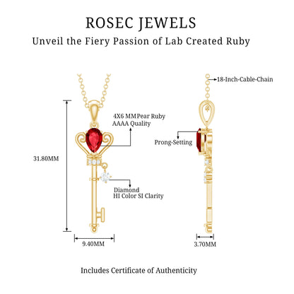 Vintage Inspired Lab Grown Ruby and Diamond Key Pendant Necklace