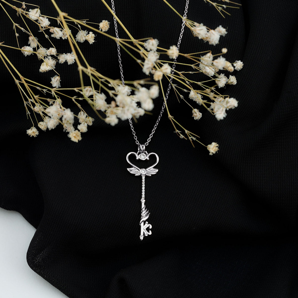 Diamond Key Necklace with Angel Wings