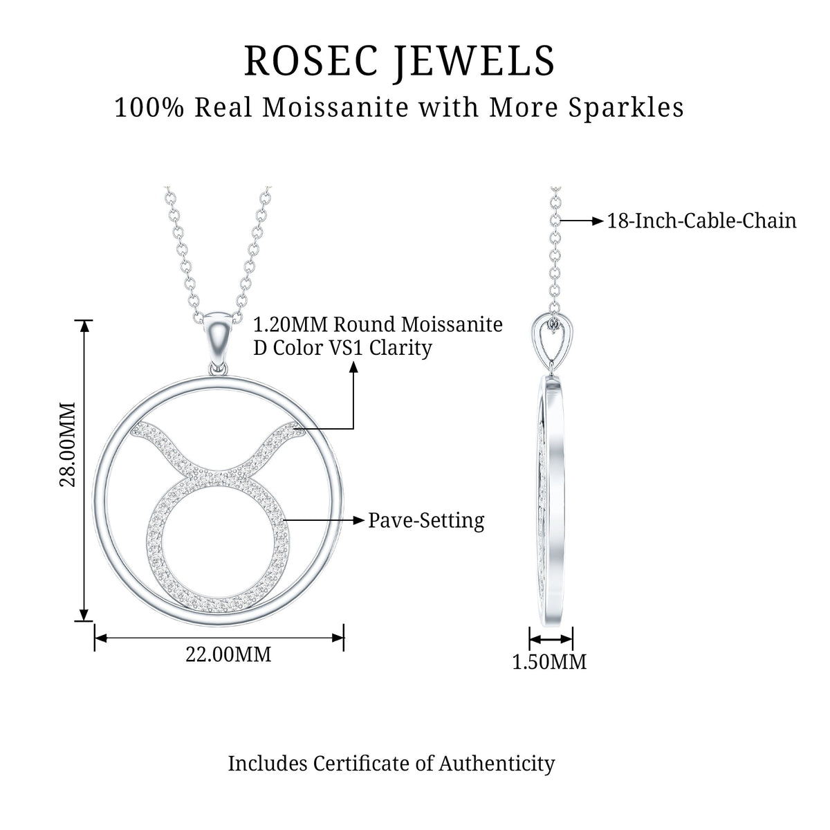 Certified Moissanite Taurus Zodiac Sign Pendant Necklace