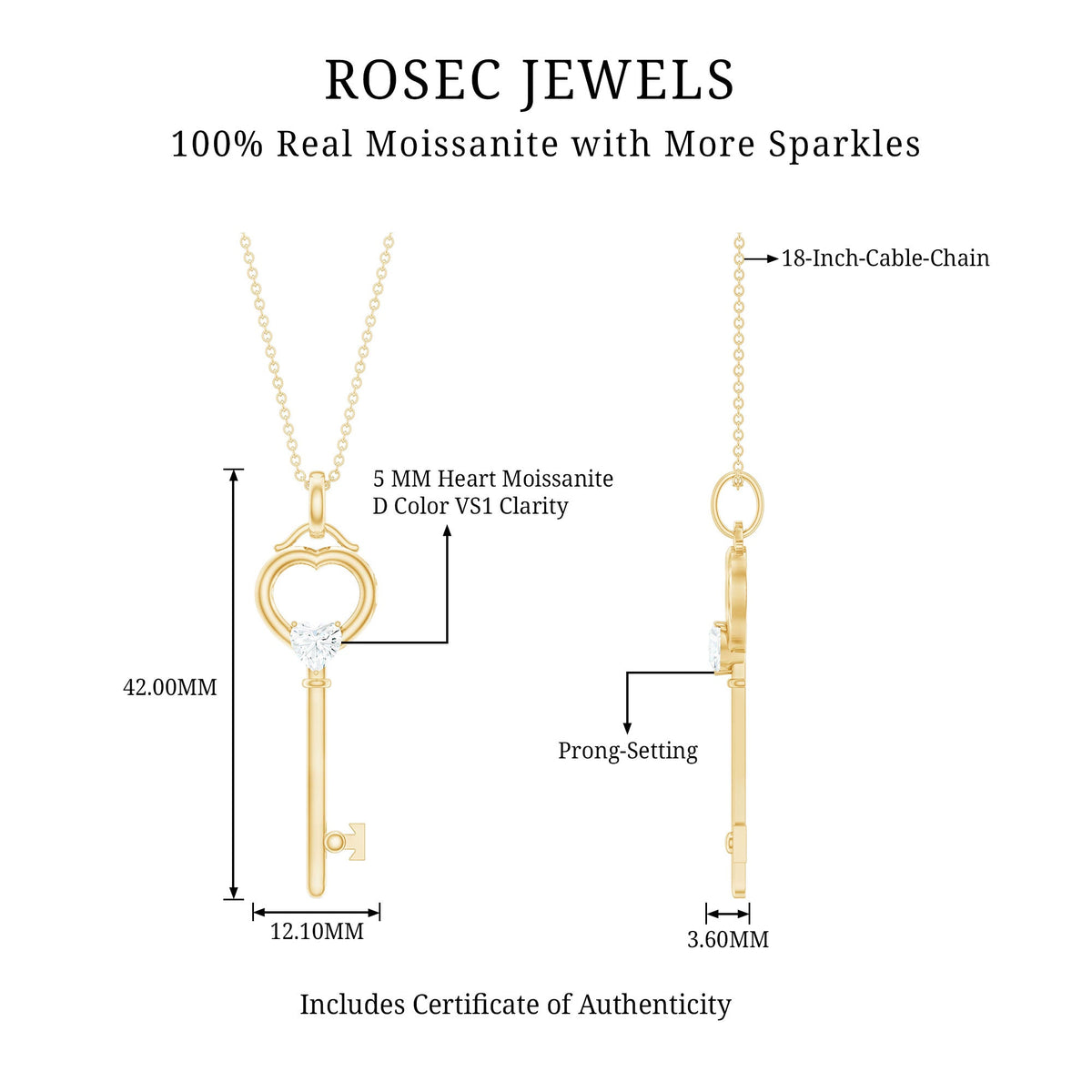 Certified Moissanite Key to My Heart Necklace for Women