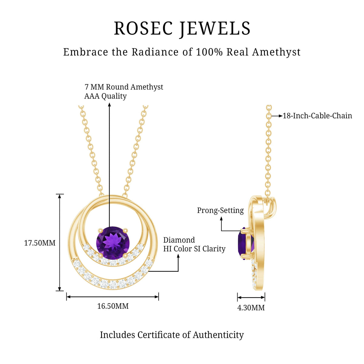 Natural 1.2 Carat Amethyst Eternity Necklace with Diamond
