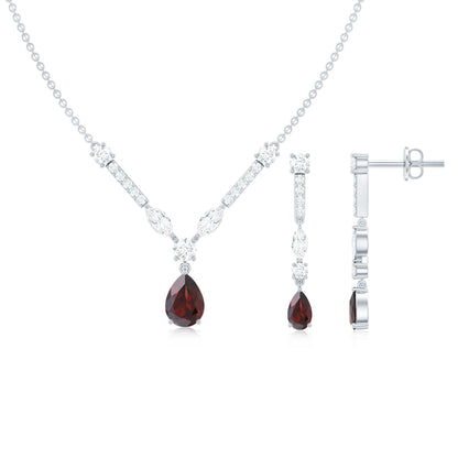 Garnet Drop & Dangle Necklace and Earrings Set with Moissanite