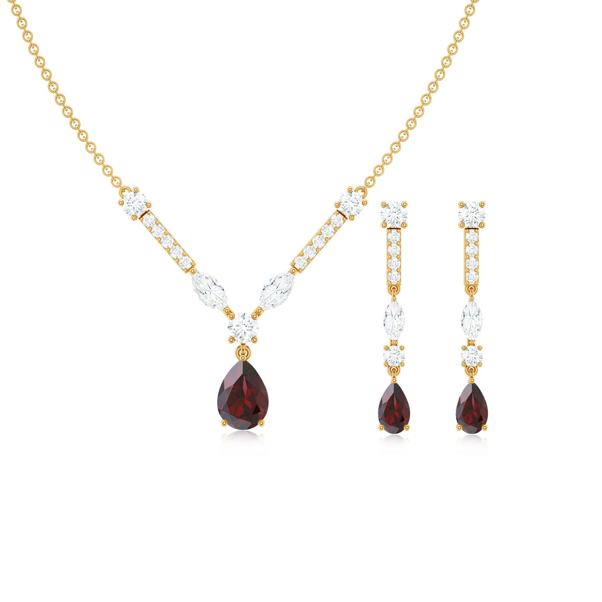 Garnet Drop & Dangle Necklace and Earrings Set with Moissanite