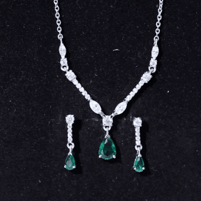 Lab Created Emerald and Moissanite Bridal Necklace Earrings Set