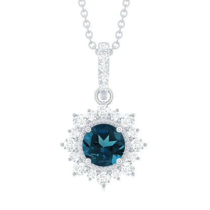 1.3 Carat Round London Blue Topaz Halo Pendant with Diamonds