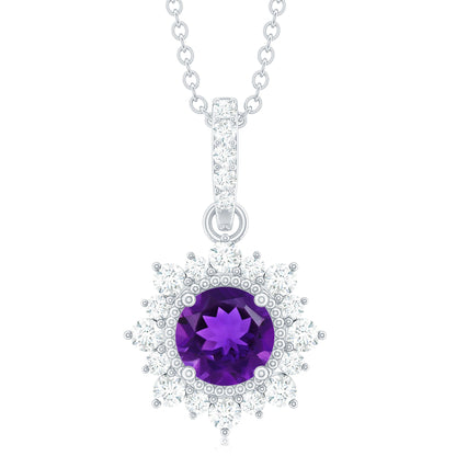 Certified Natural Amethyst Pendant Necklace with Diamond Halo