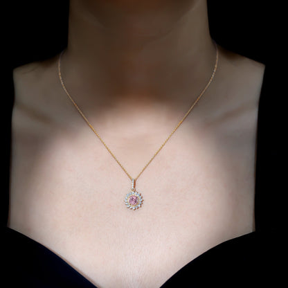 Natural 1.2 Carat Round Pink Tourmaline and Diamond Halo Pendant