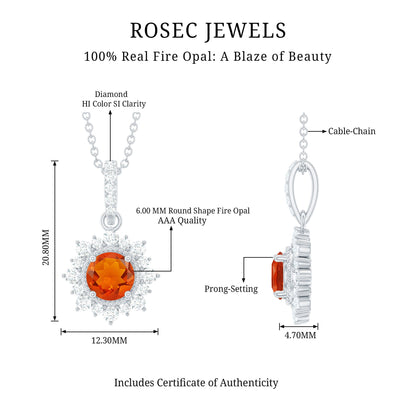 Round Fire Opal and Diamond Halo Pendant Necklace