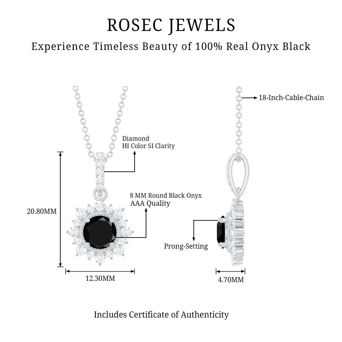 Natural 2 Carat Black Onyx Pendant Necklace with Diamond Halo