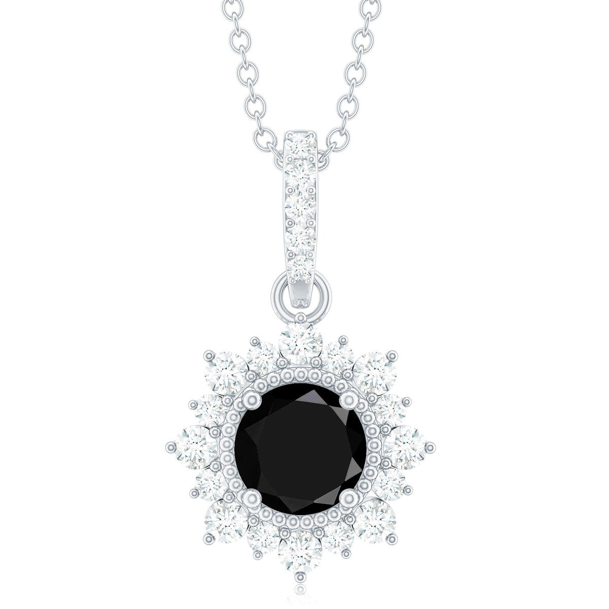 Natural 2 Carat Black Onyx Pendant Necklace with Diamond Halo