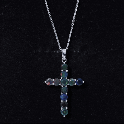 Natural Black Opal Cross Pendant Necklace in Silver