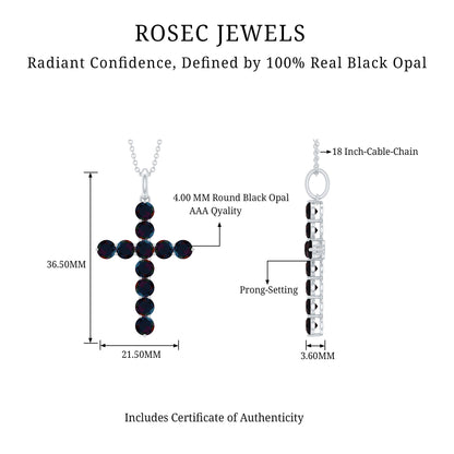 Natural Black Opal Cross Pendant Necklace in Silver