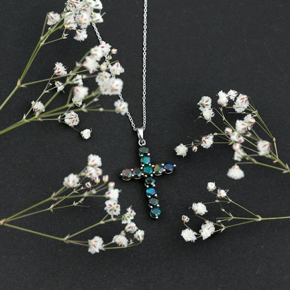 Natural Black Opal Cross Pendant Necklace in Silver