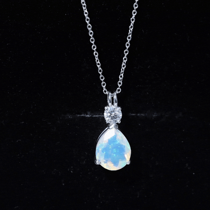 Real Ethiopian Opal Teardrop Necklace with Moissanite