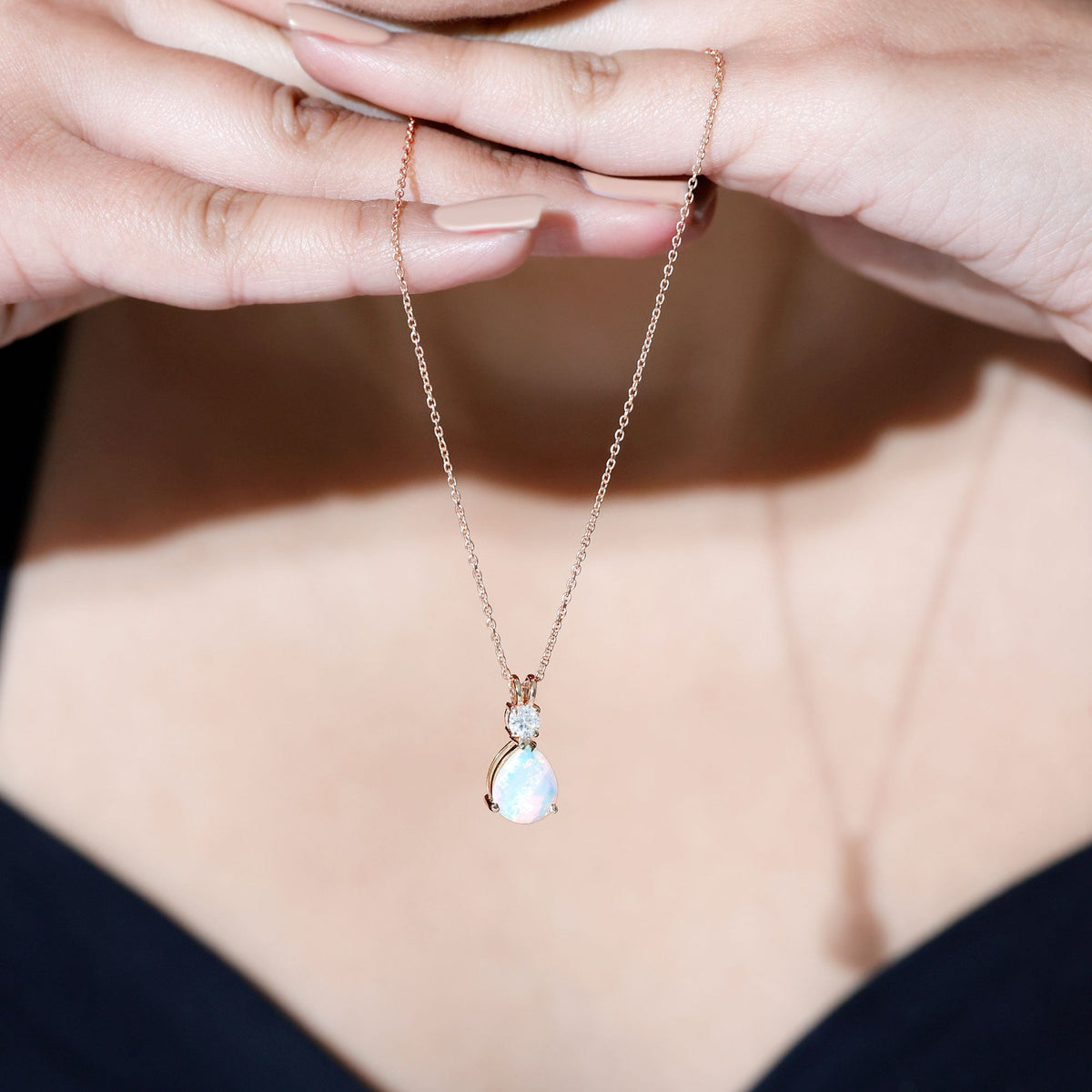 Real Ethiopian Opal Teardrop Necklace with Moissanite