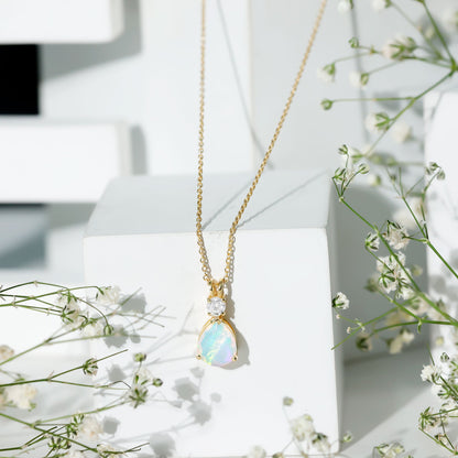 Real Ethiopian Opal Teardrop Necklace with Moissanite