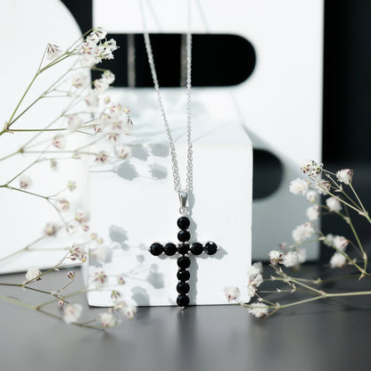 Certified Real Black Onyx Cross Pendant Necklace with Silver Chain