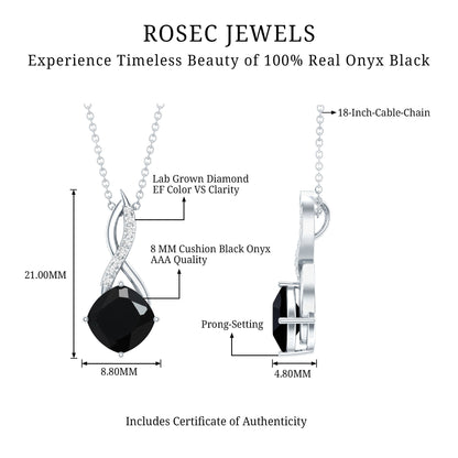 Cushion Cut Black Onyx Solitaire Infinity Necklace with Lab Diamond