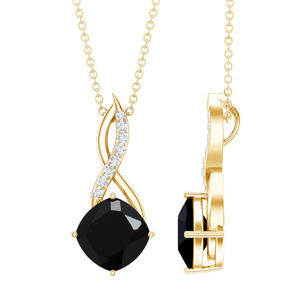 Cushion Cut Black Onyx Solitaire Infinity Necklace with Lab Diamond