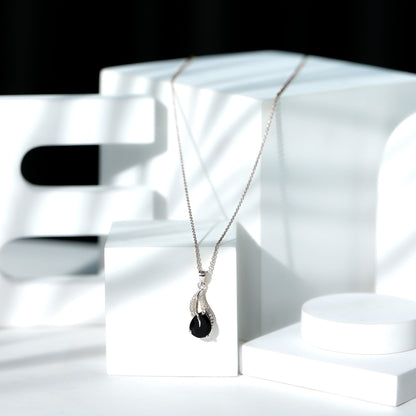 Pear Shaped Black Onyx and Diamond Leaf Pendant Necklace
