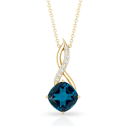 2.8 Carat Cushion Cut London Blue Topaz Infinity Pendant with Diamond
