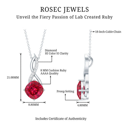 Cushion Cut Created Ruby Solitaire Infinity Pendant with Diamond
