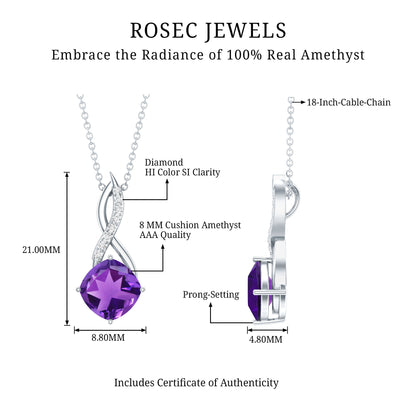 Natural 2 Carat Cushion Cut Amethyst Infinity Necklace with Diamond