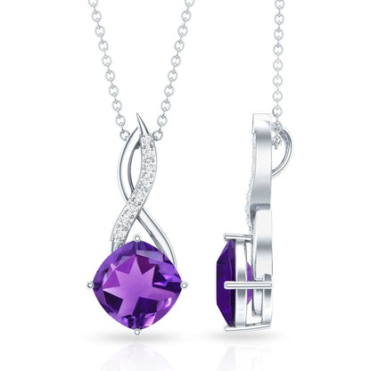 Natural 2 Carat Cushion Cut Amethyst Infinity Necklace with Diamond