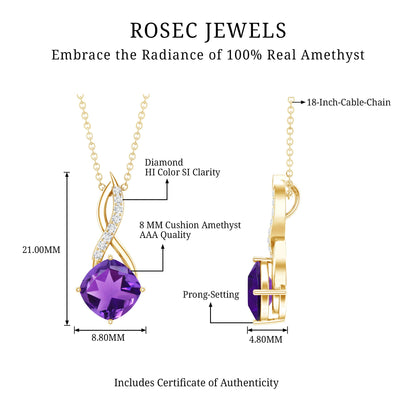 Natural 2 Carat Cushion Cut Amethyst Infinity Necklace with Diamond