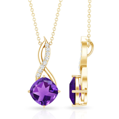 Natural 2 Carat Cushion Cut Amethyst Infinity Necklace with Diamond