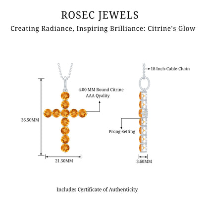 Natural Citrine Silver Cross Necklace with Chain