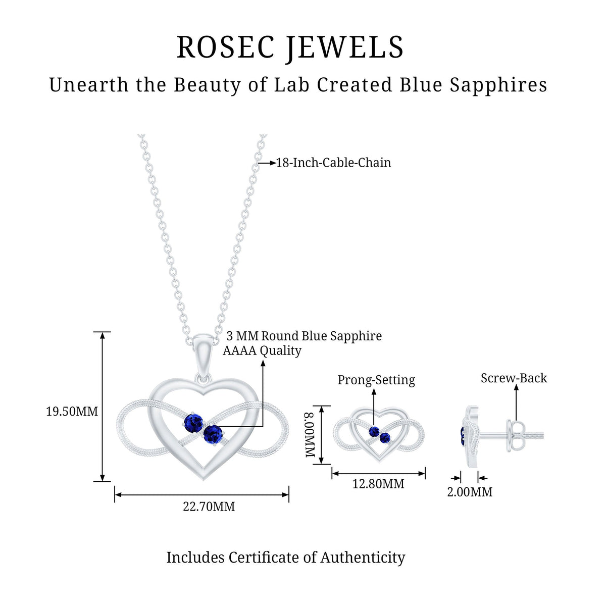 Lab Grown Blue Sapphire Infinity Heart Jewelry Set