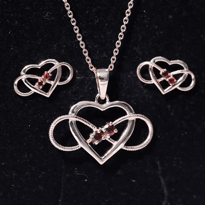 Natural Garnet Heart Infinity Necklace and Earrings Set