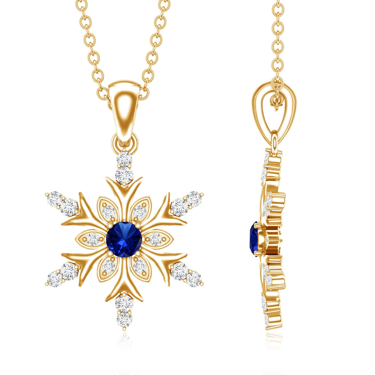 Lab Created Blue Sapphire Designer Snowflake Pendant with Diamond