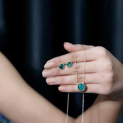 Certified Created Emerald Solitaire Jewelry Set in Bezel Setting
