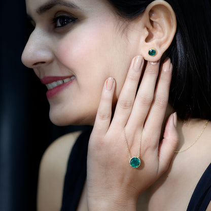 Certified Created Emerald Solitaire Jewelry Set in Bezel Setting